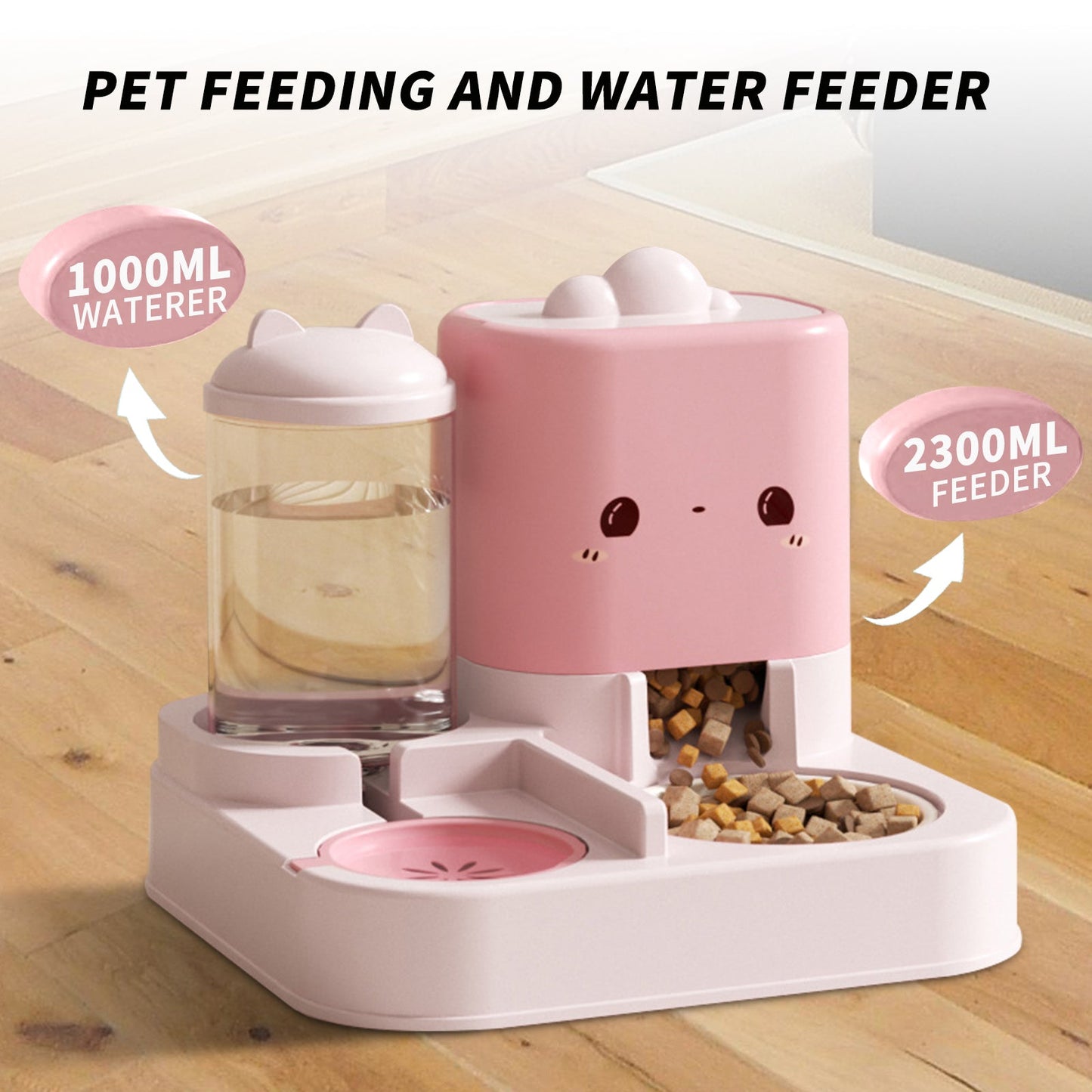 2 - in - 1 Cartoon Pink Pet Automatic Feeder & Waterer Set | Large Capacity Gravity Food Dispenser & Water Fountain | Cute Aesthetic Slow Feeder for Cats & Small Dogs - Phoenix